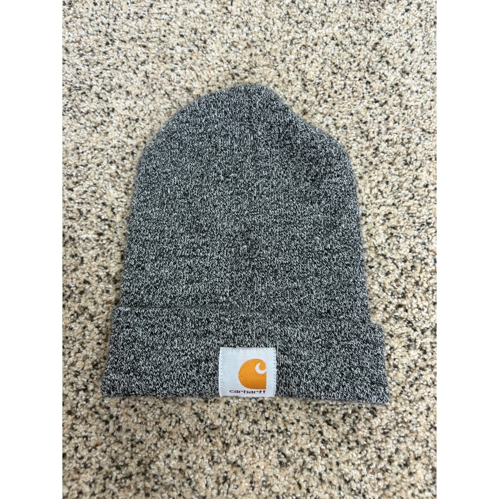 Carhartt Beanie Acrylic Watch Hat Cuffed Knit Salt and Pepper Gray Logo Winter